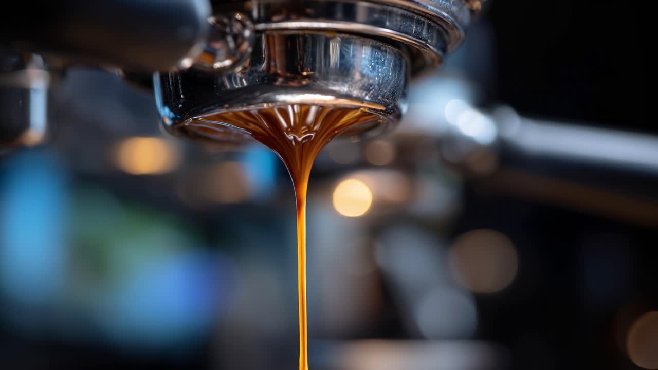 Ricco espresso gocciola da un portafiltro lucido. Goccioline dorate restano sospese, brillando in una luce soffusa. Lo sfondo si sfuma in tonalità bokeh calde e invitanti. Realizzato per scene di caffè, fotografia di cibo.