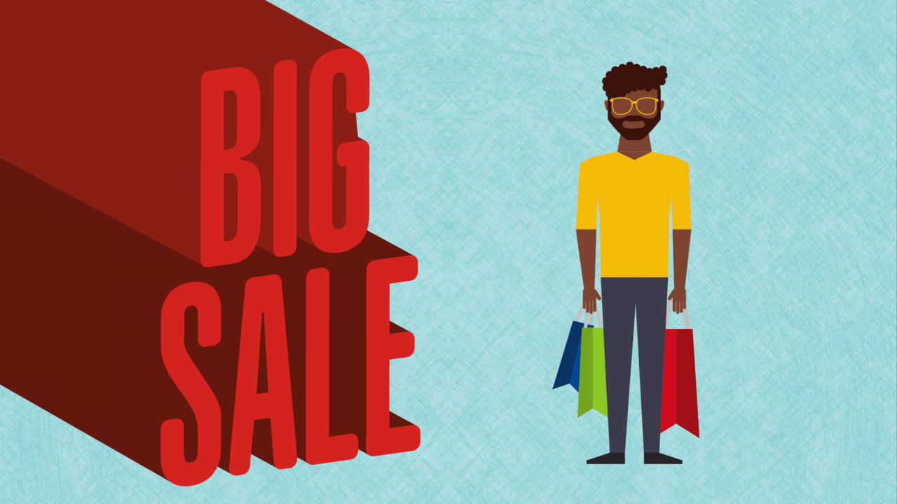 gran promoción de ventas con un hombre sosteniendo bolsas de compras