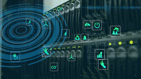 animation of icons and processing circle over servers