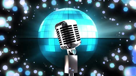 Animation-of-retro-microphone,-mirror-disco-ball-and-christmas-fairy-lights-flickering