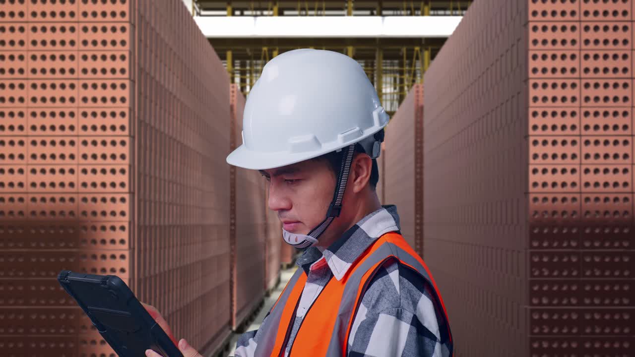 Close Up Side View Of Asian Male Engineer With Safety Helmet Working On A Tablet While Standing With Red Brick Packed in Stacks Are Stored
