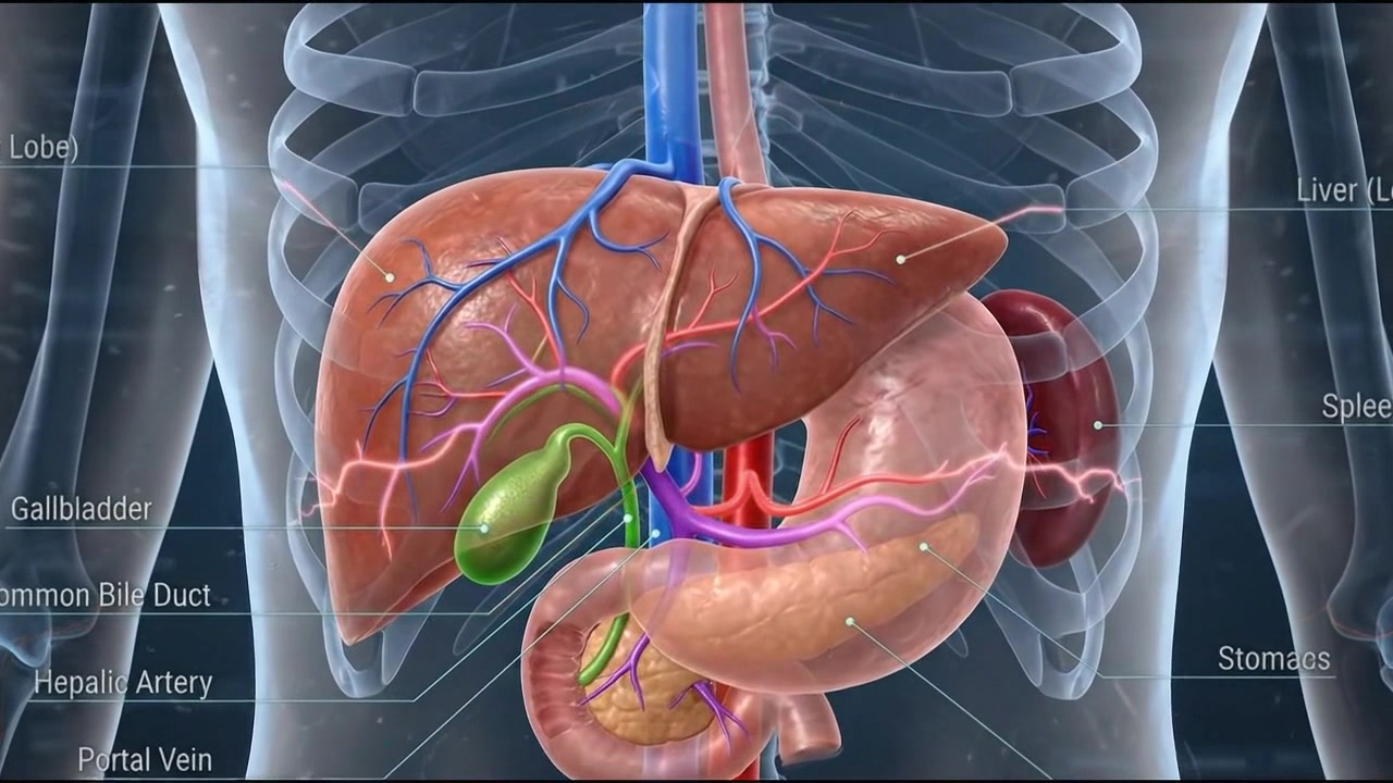 Human torso model showing highlighted stomach and digestive organ