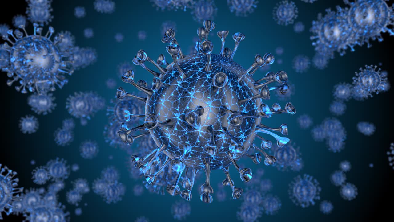 alerta de corona covid-19 sos. bacteria pandémica patógeno riesgo médico para la salud, inmunología, virología, concepto de epidemiología. célula de virus del microscopio. animación en bucle de renderización 3d.