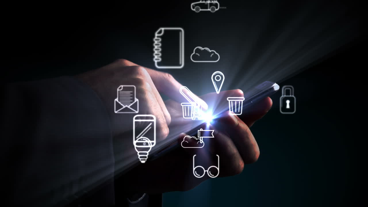 hombre usando teléfono inteligente con aplicaciones holográficas