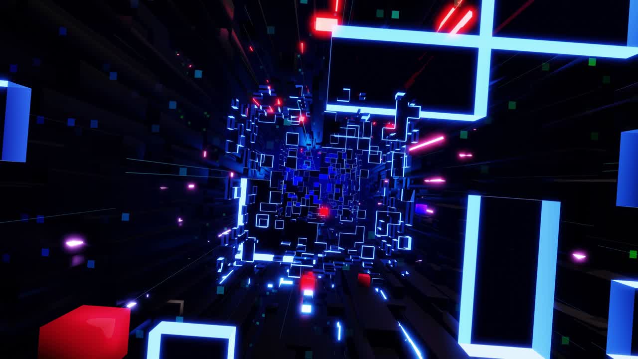 concepto de tecnología futurista. fondo en bucle de ciencia ficción oscura. vuelo a través del espacio digital de alta tecnología o en un túnel de vidrio metálico con luz de neón, bloques. flujo de información de alta tecnología en blockchain o bigdata.