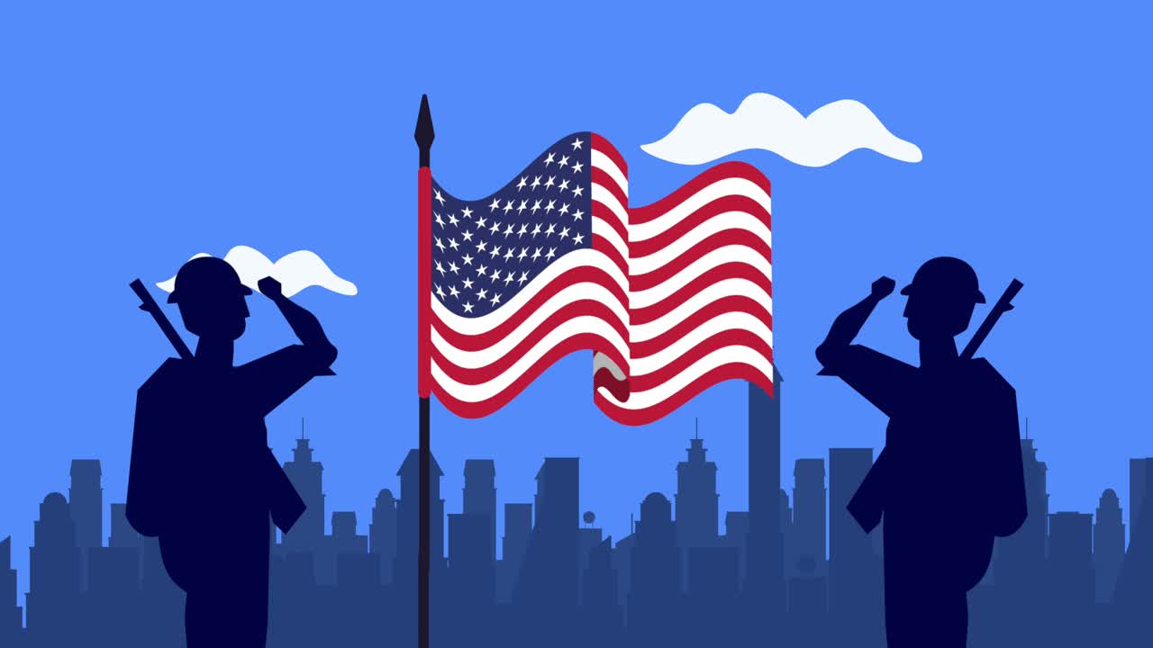 usa celebration with soldiers and usa flags animation