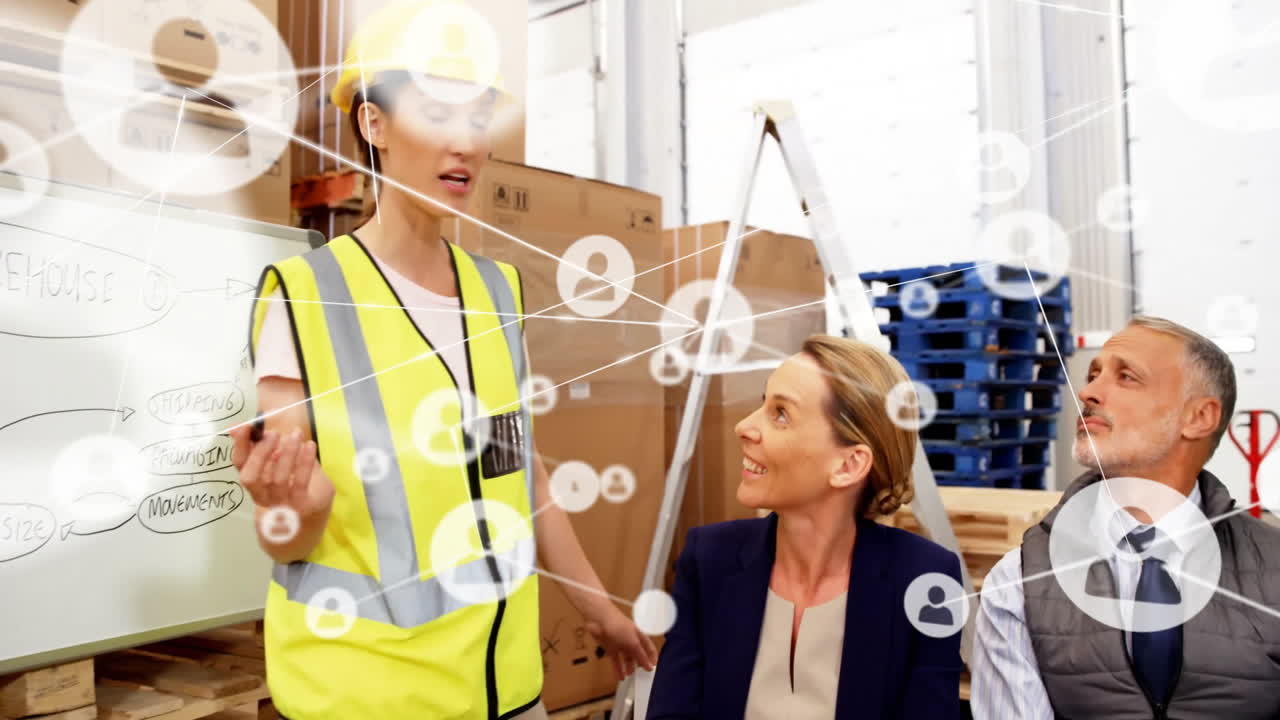 animación de la red de personas íconos sobre los trabajadores caucásicos en la reunión en el almacén