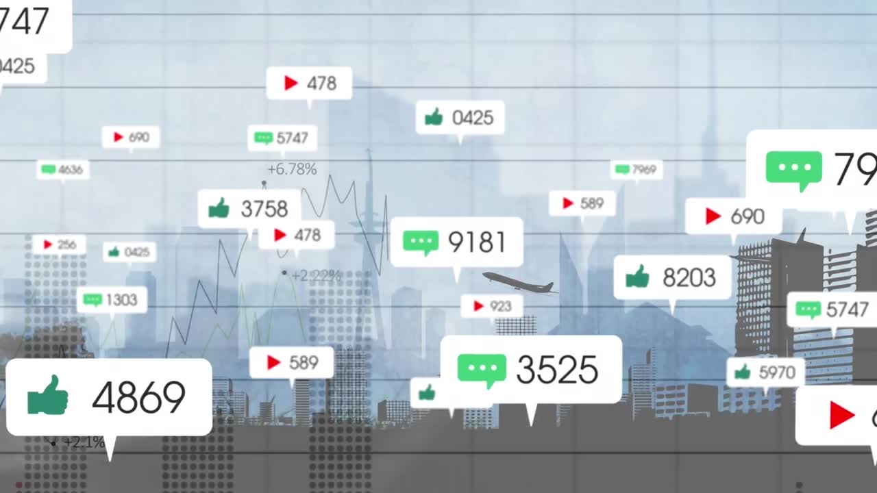 도시 풍경 위의 미디어 아이콘의 애니메이션