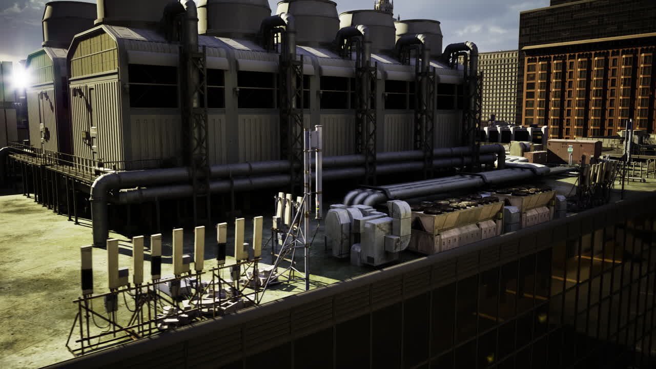 Industrial facility structure with large cooling towers during the day