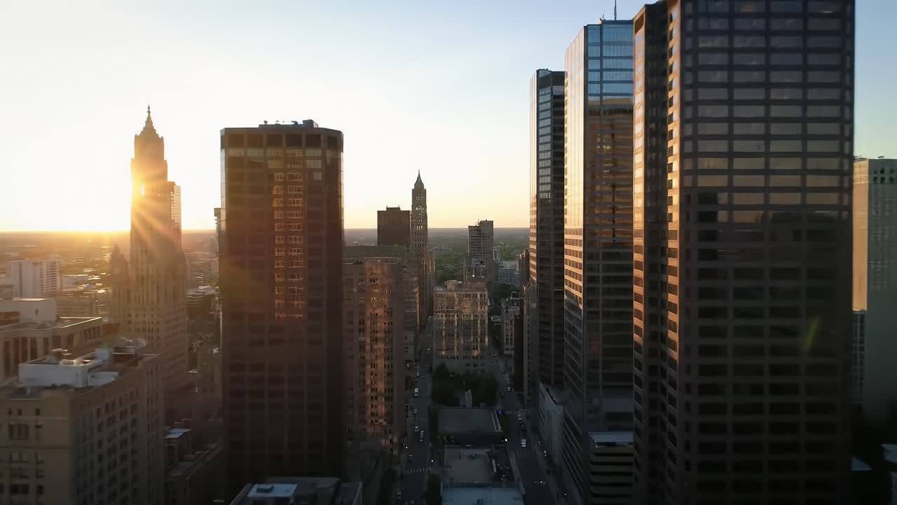 Aerial View of a Bustling Urban Landscape at Dusk, Showcasing Skyscrapers Reflecting Sunset Light Over a Vibrant Cityscape