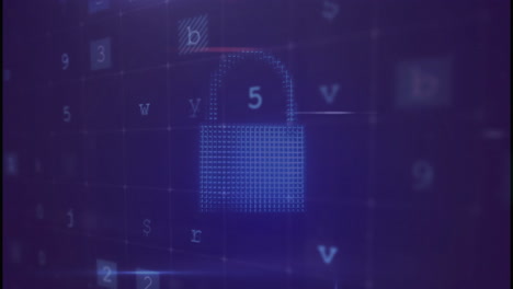 animation of data processing and digital padlock, cloud and shield over blue background