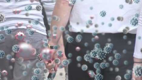 animation of covid 19 cells over pedestrians walking in busy street