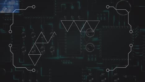 animación de formas sobre una placa de circuitos de computadora sobre un fondo negro.