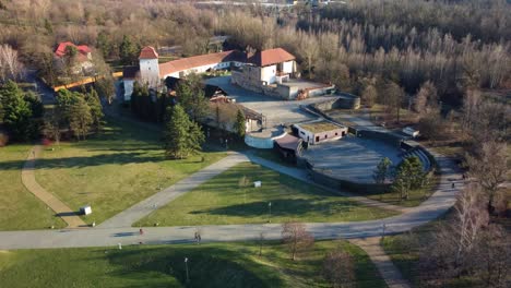 Aerial-View-Of-Silesian-Ostrava-Castle-During-Fall-Season-In-Ostrava,-Czech-Republic