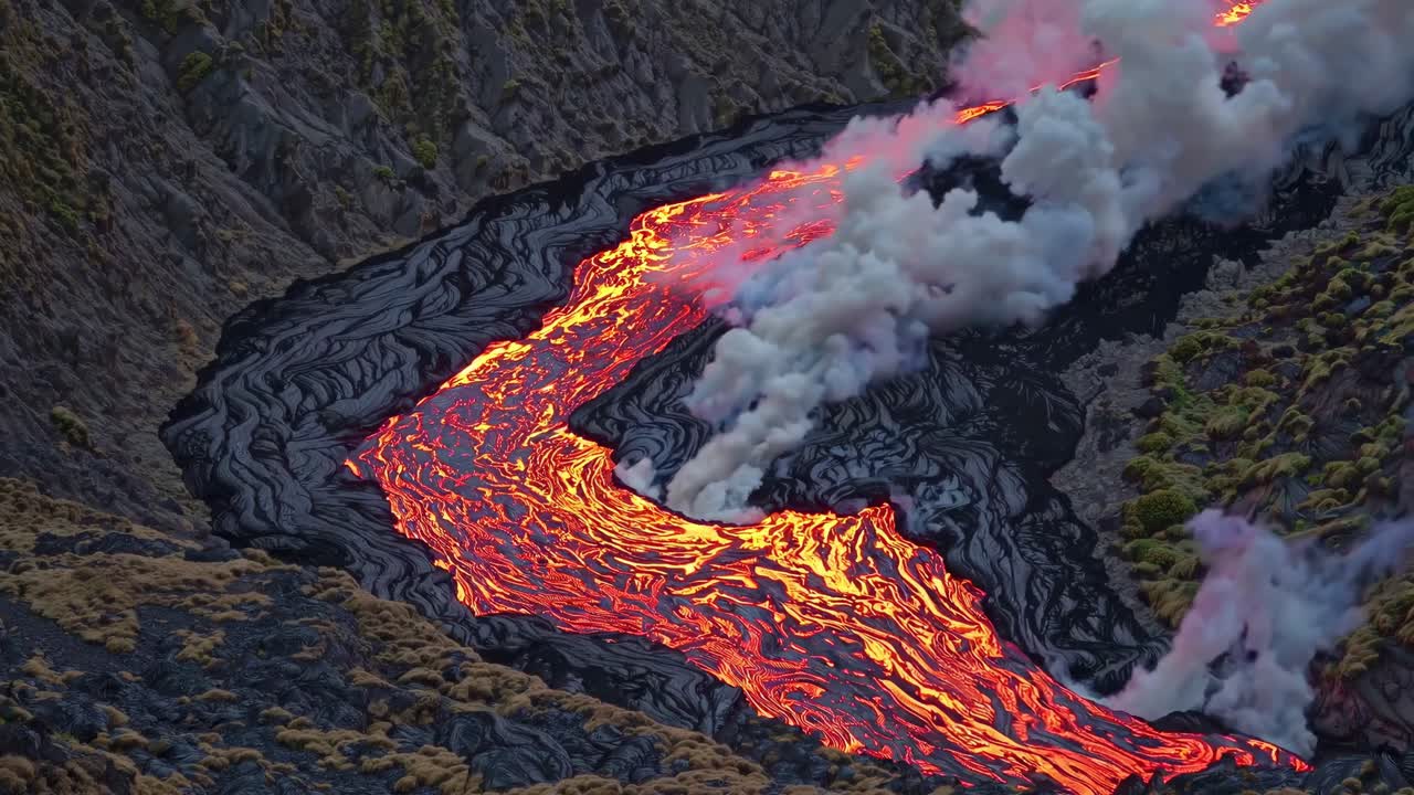 Video udara menangkap aliran lava yang hidup melalui medan terjal, mengeluarkan asap tebal