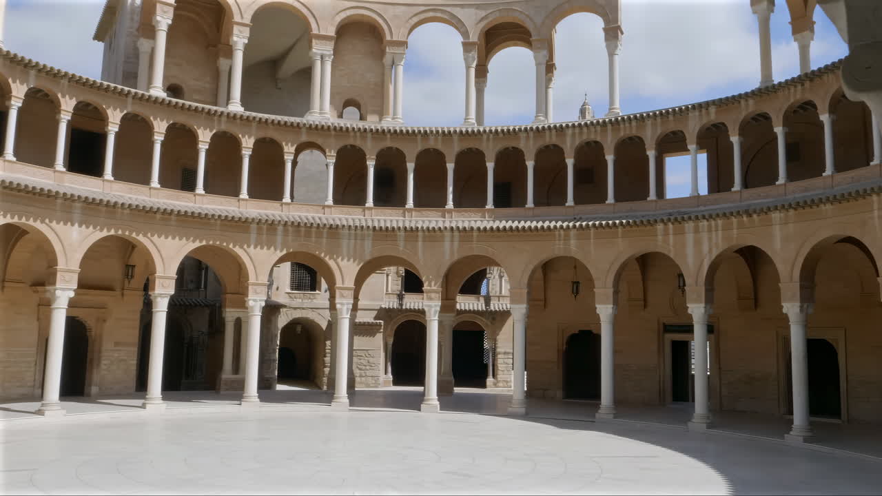 Cortile circolare con archi e colonne in un edificio storico