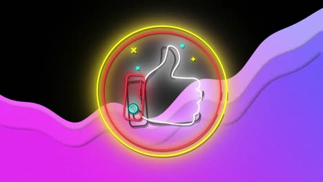 Animation-Eines-Neon-Daumen-oben-ähnlichen-Symbols-In-Gelben-Und-Roten-Ringen,-Mit-Violetten-Wellen-Auf-Schwarz