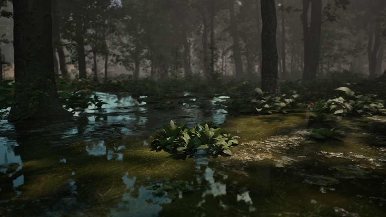 Rays of light falling through the mist and trees in the swamp