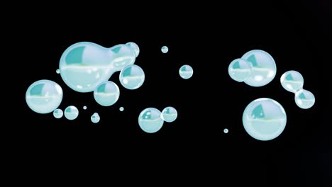 3d animation of the merge balls, drops of oil in a single bowl, a sphere, a big drop. water on a black background. looped video