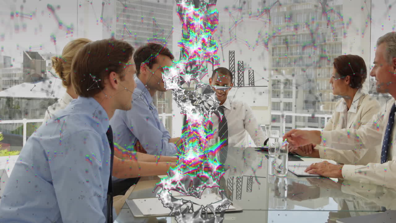 Business meeting with DNA strand and digital data processing animation overlay