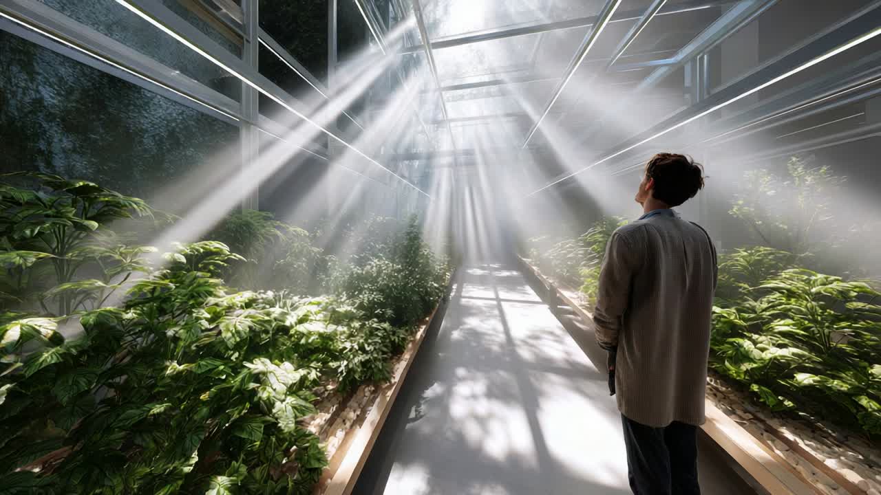 A Serene Exploration of a Modern Greenhouse Bathed in Dazzling Sunlight, Showcasing Lush Foliage and Advanced Sustainable Design, Capturing the Essence of Nature Connective and Urban Sustainability