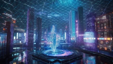 paisaje urbano futurista con proyecciones holográficas
