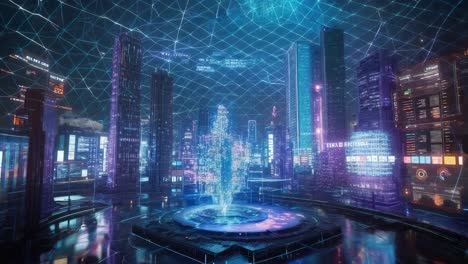 futuristic cityscape with holographic projections