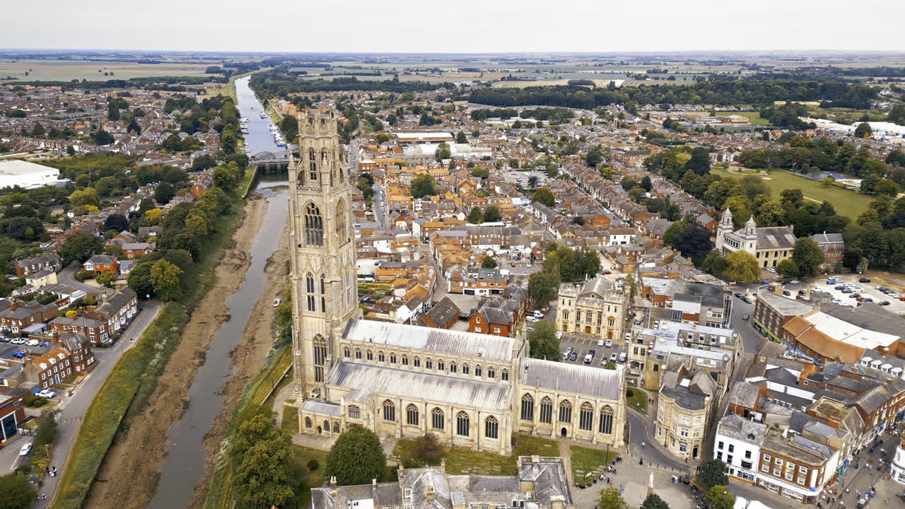 scenic beauty of Boston, Lincolnshire, in mesmerizing aerial drone footage: Port, ships, Saint Botolph Church , Saint Botolph's Bridge