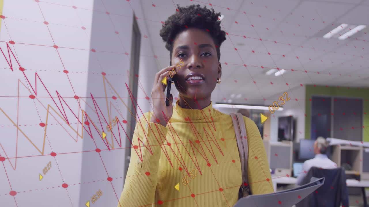 Animation of data processing over diverse business people in office