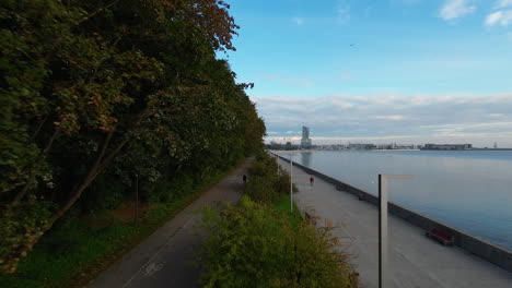 aerial flying over esplanade with trees in seaside boulevard of gdynia