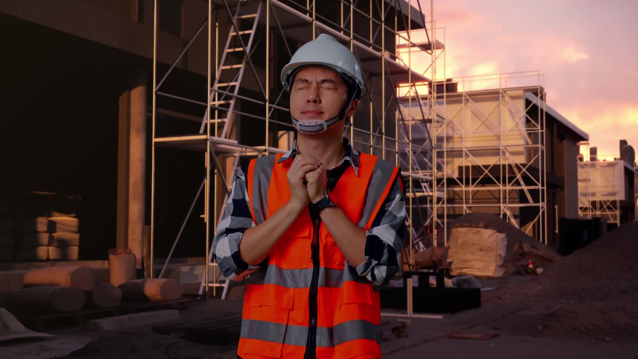 Construction Worker Praying at a Building Site During Sunset