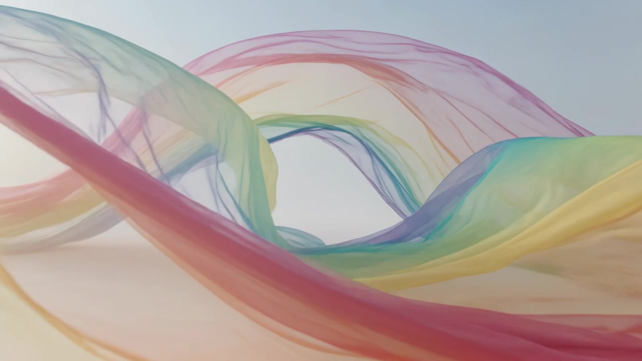 Gliding translucent pastel ribbons forming layered tunnel as camera moving forward in pale backdrop