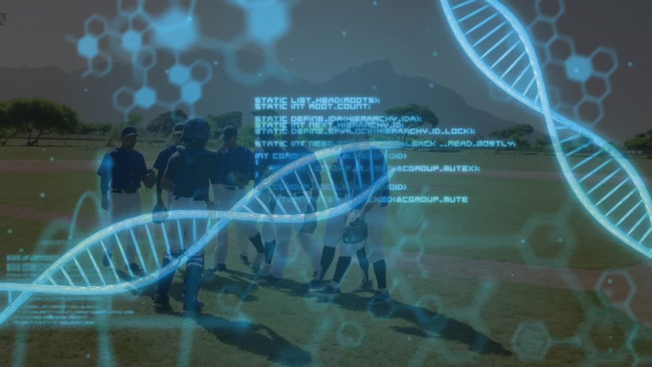 Baseball players huddling on grass field, animated DNA overlay appearing, showing sports data