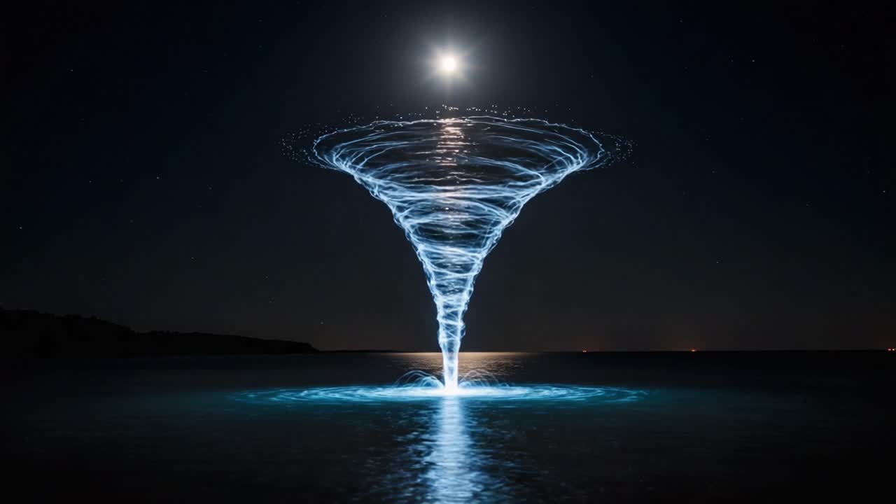 A Mesmerizing Display of Light and Water Creates a Stunning Tornado-Like Formation Under the Moonlit Night Sky Above a Still Ocean Surface