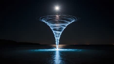 a mesmerizing display of light and water creates a stunning tornado-like formation under the moonlit night sky above a still ocean surface