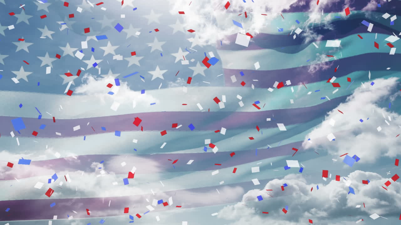 Coriandoli colorati che cadono sulla bandiera USA con cielo blu sullo sfondo