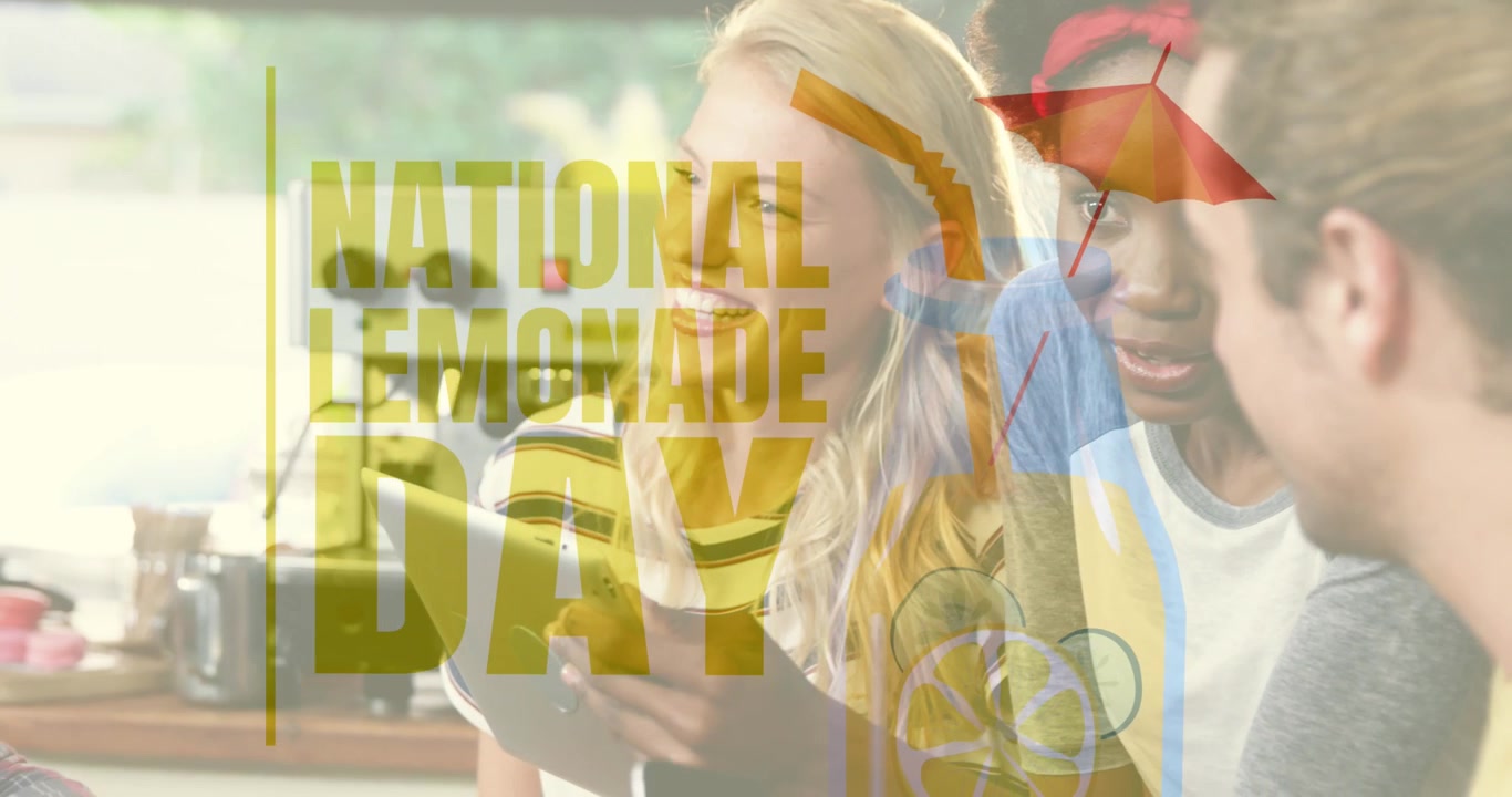 Animation of national lemonade day text over diverse people