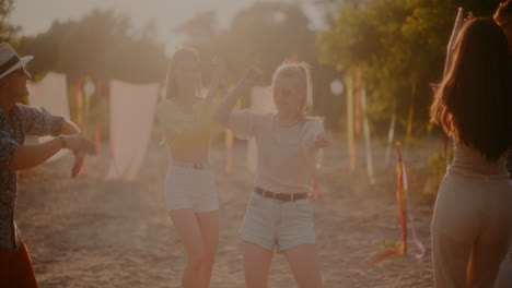 happy woman dancing surrounded by friends cheering her
