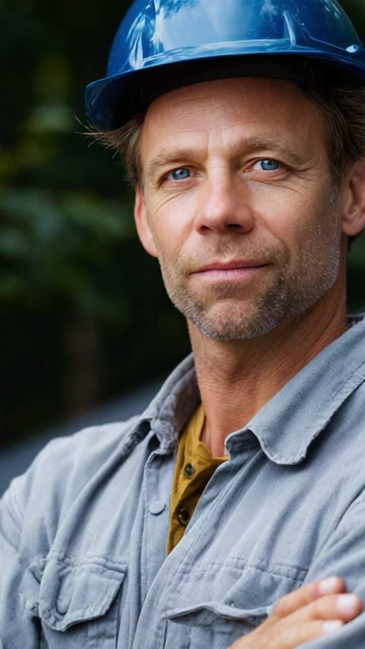 Confident Construction Worker Portrait: A Close-Up Look at a Skilled Tradesman in a Protective Helmet, Showcasing Professionalism and Dedication in a Outdoor Environment
