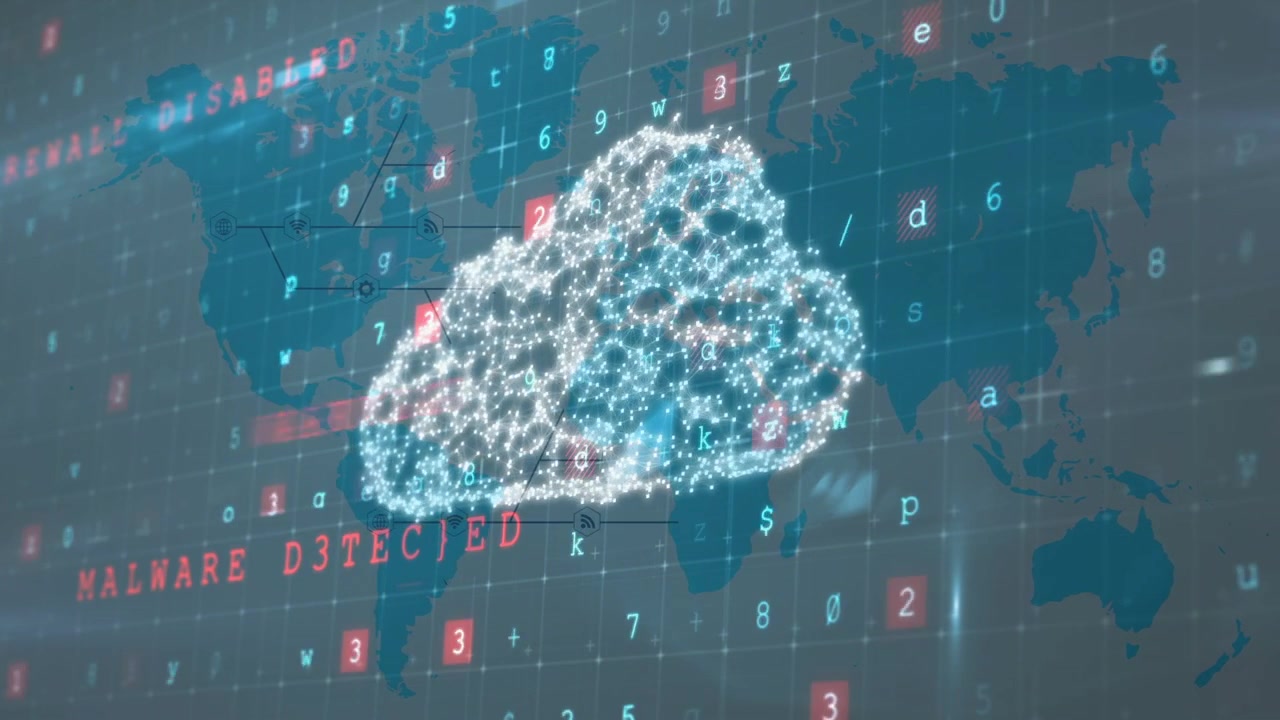 Particle burst sparking cloud forming, pulsing over teal map, warnings showing malware threat