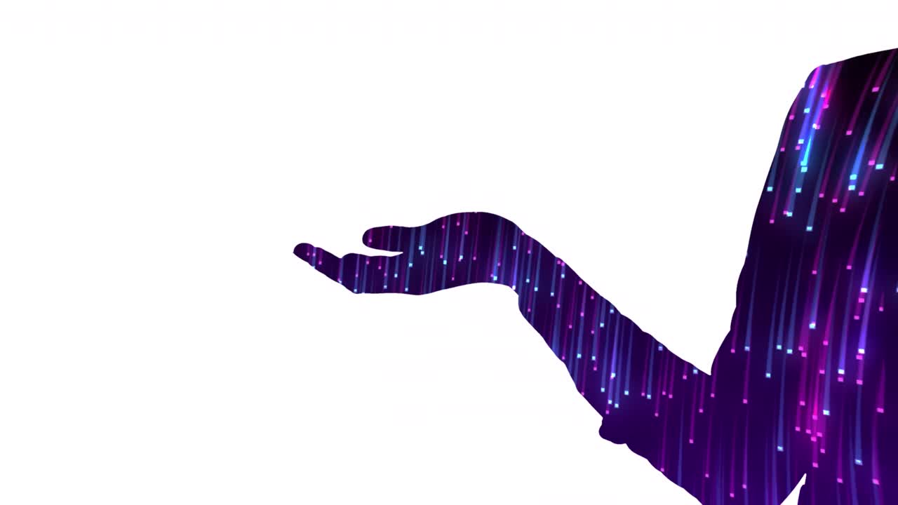 animación de la silueta de una mujer de negocios con la mano extendida con rastros de luz sobre un fondo blanco