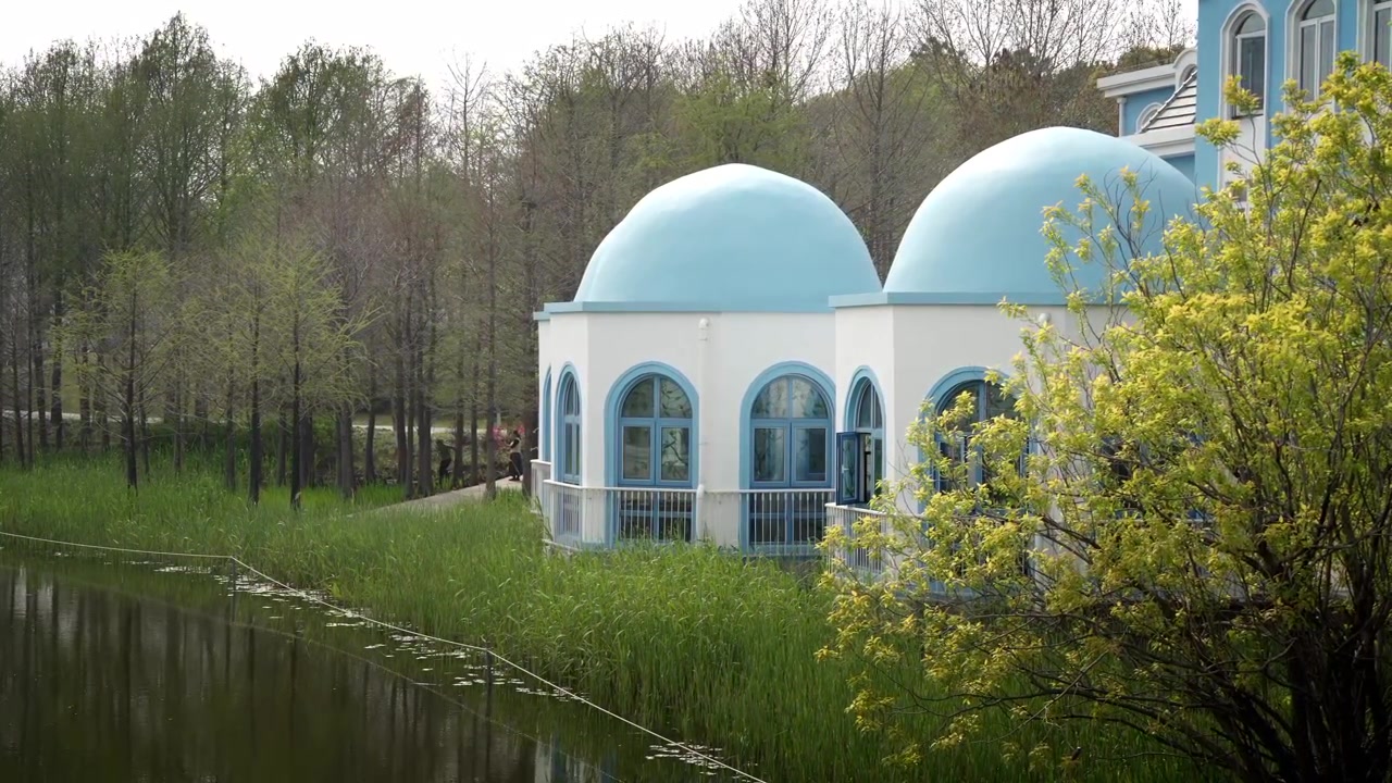 Blue Houses next to a local pond in a public Shanghai Park