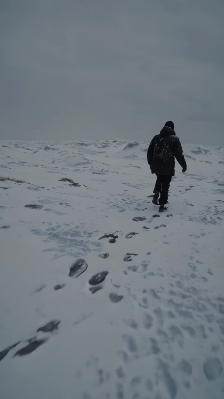 Solitary Figure Walking Through Snowy Landscape
