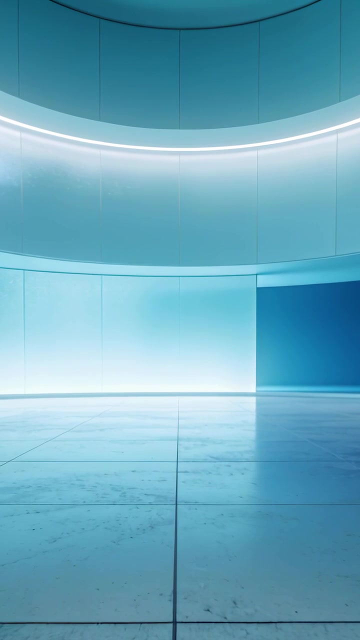 Video verticale: Telecamera in movimento che rivela una fascia LED curva e il pavimento in una cupola, mostrando una rientranza e un bagliore.