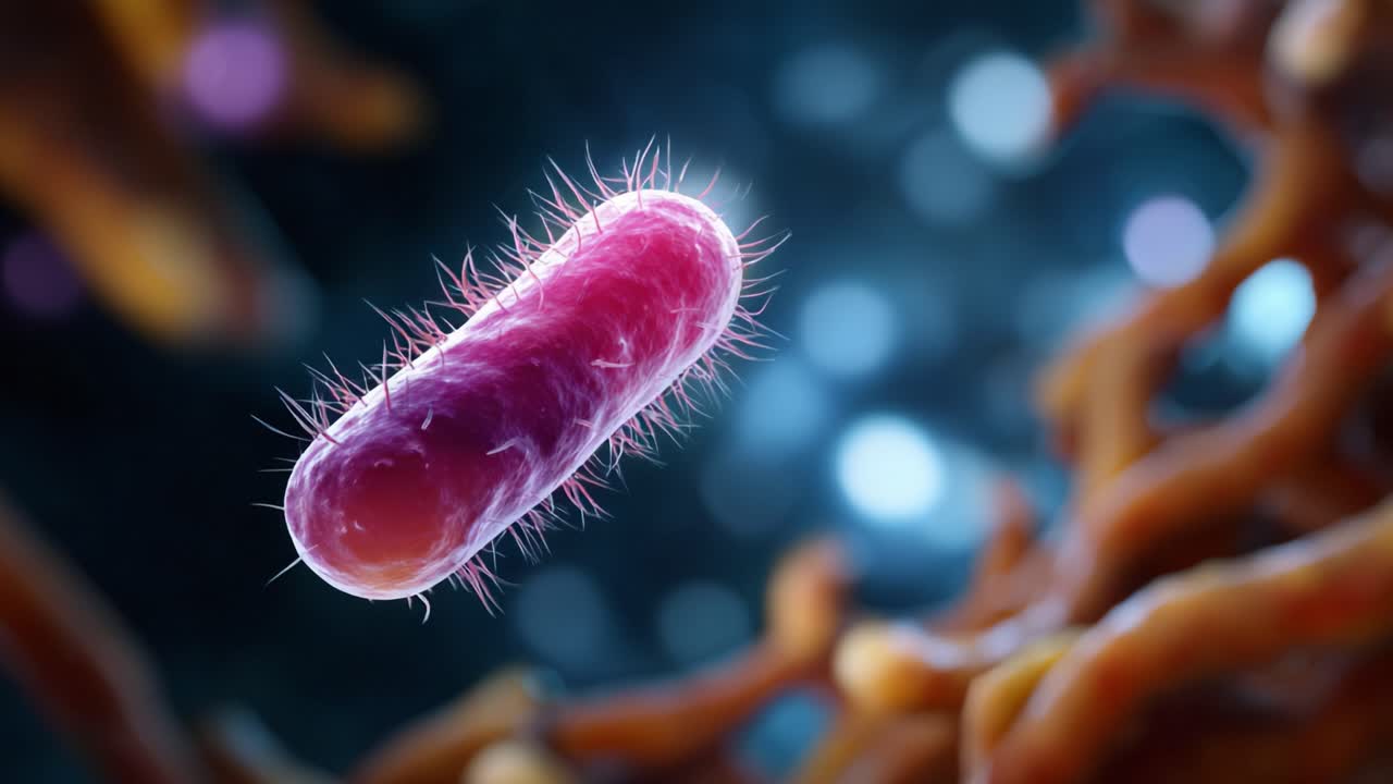 Magnified Image of a Bacterium with Hair-like Structures, Showcasing Its Unique Shape Against a Colorful Background, Highlighting Microbial Life at the Cellular Level