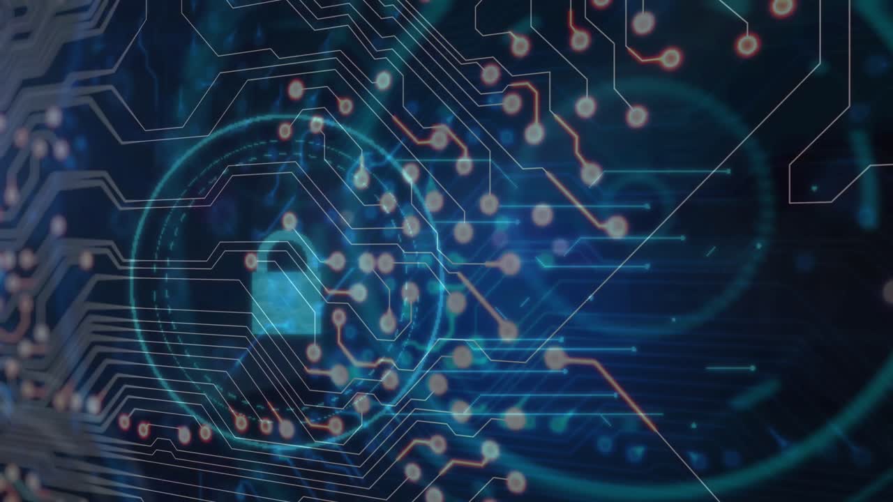 animación de la placa de circuitos de la computadora sobre el escaneo de alcance y el icono de candado en fondo negro