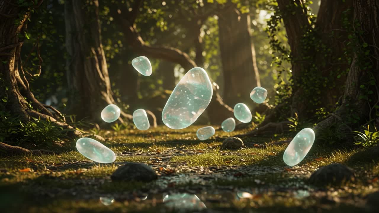 A Magical Forest Path Illuminated by Floating, Glowing Capsules; A Serene and Enchanting Scene That Invites Wonder and Exploration Among Nature's Beauty