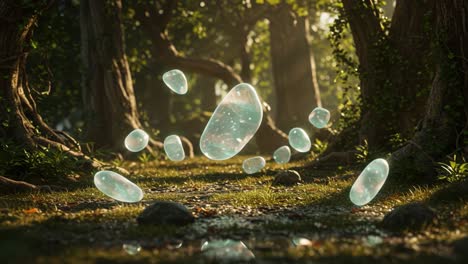 A Magical Forest Path Illuminated by Floating, Glowing Capsules; A Serene and Enchanting Scene That Invites Wonder and Exploration Among Nature&#039;s Beauty