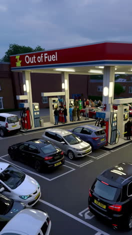 long queues and fuel shortage at a gas station