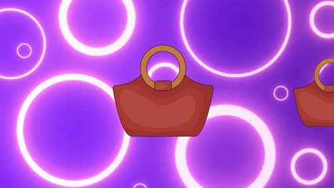 animation of brown tote handbags over white neon rings on purple background